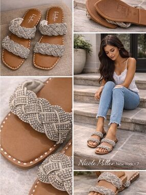 Nicole Miller New York Rhinestone Braided Sandals Size 7 Sparkle Slip-On Flats